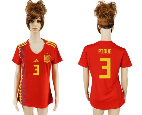 Women's Spain #3 Pique Red Home Soccer Country Jersey - Click Image to Close